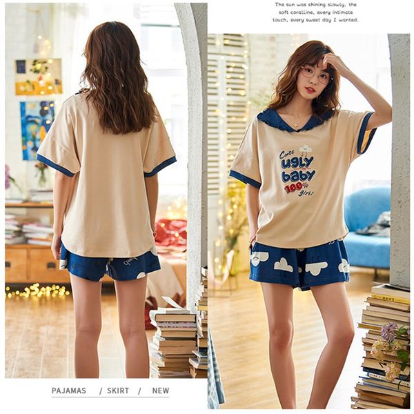 

2 piecesthin cartoon pajamas short sleeve sleepwear women pajamas set spring summer new cute casual homewear female pyjamas, Black;red