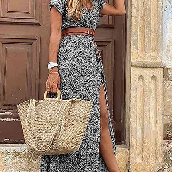 Damen Sommer Strand Maxi DR2021 Kurzarm grün weiß floral boho lässig sexy Party lange Chiffon Wickelkleider X0621