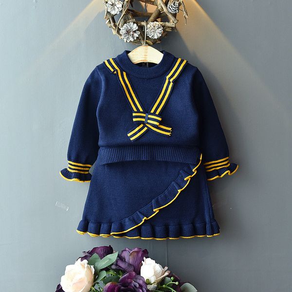 

autumn baby girl clothes 2pcs set long sleeve sweater knit pullover knitted skirt princess girl suit splice ruffled outfits, White