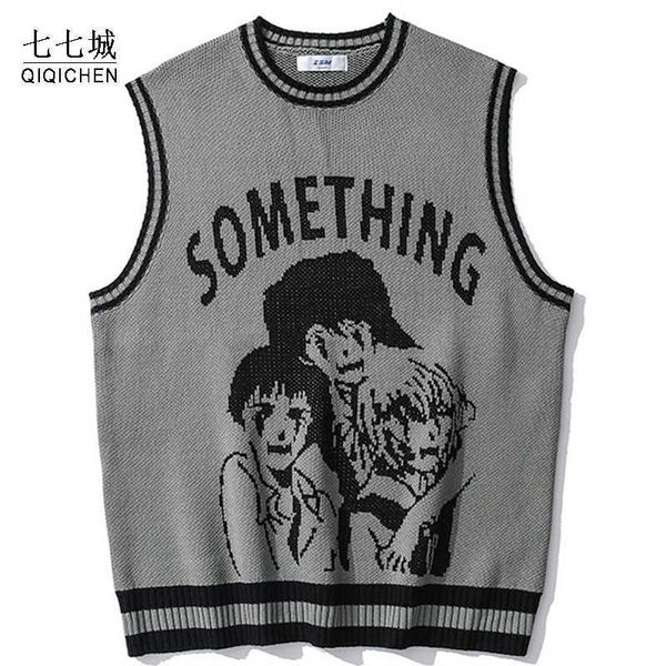

college knitted vest sweaters men women street hip hop casual band cartoons anime pattern o-neck sleeveless 2021, White;black