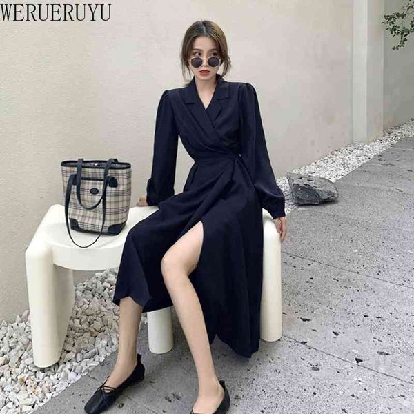 

werueruyu autumn elegant windbreaker dress suit collar waist tie dres 210608, Black;gray