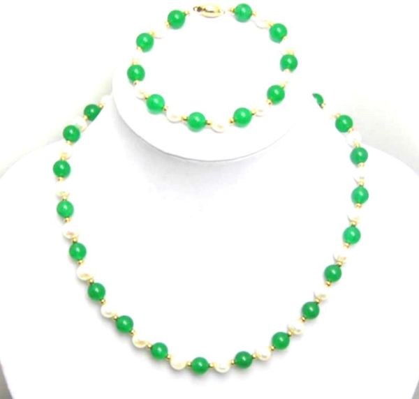

qingmos natural 6-7mm round white pearl necklace bracelet for women with green jades stone & match 7.5" c1016 chokers, Golden;silver