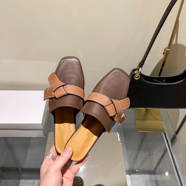 

slippers 21 early spring new bowknot knot flat bottom lazy half drag baotou square slippers mill shoes women's net zly, Black