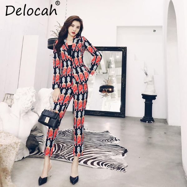 

delocah 2021 autumn women set runway fashion designer turn-down collar gem printed modern vintage long pants two pieces women's piece, White