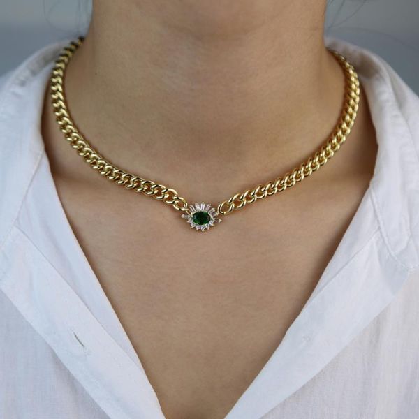 

big heavy cuban choker necklace green cubic zirconia cz women chains, Silver