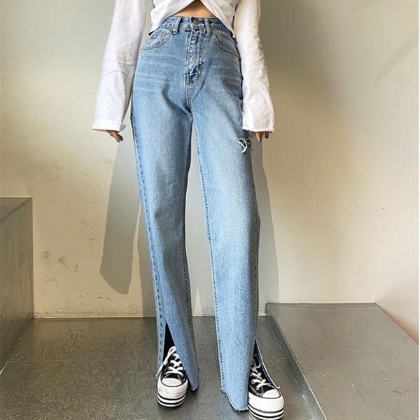 

women's jeans alien kitty vintage hole bf high waist women korean style streetwear loose female denim ladies wide leg pants 2021, Blue