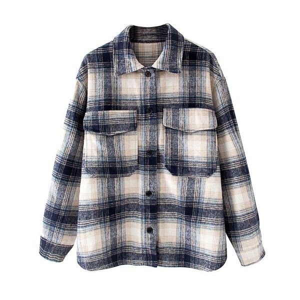 

women's jackets harajuku casual plaid jacket ladies long sleeve loose pocket night vision collar retro, Black;brown