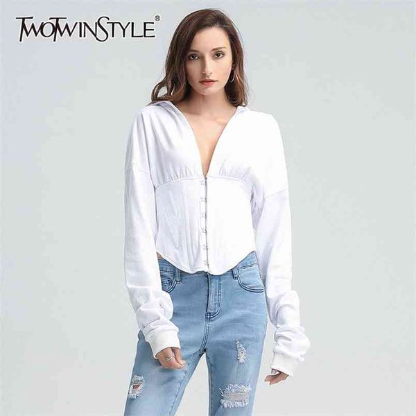 

twotwinstyle solid color harajuku hoodies women long sleeves undefined brand crop 's sweatshirt y2k clothing 210813, Black