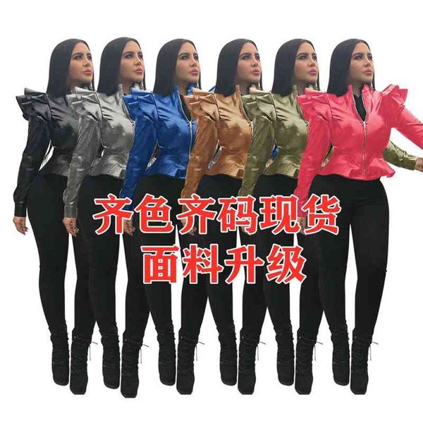 

a5043 women's fashion casual ruffle slim zipper leather coat, Black