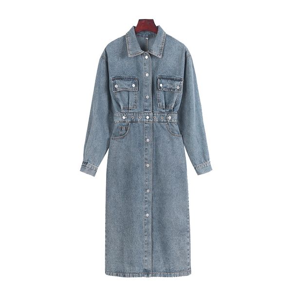 

spring autumn casual pencil turn down collar long sleeve button denim shirt dress pocket sash chic elegant d3022 210514, Black;gray