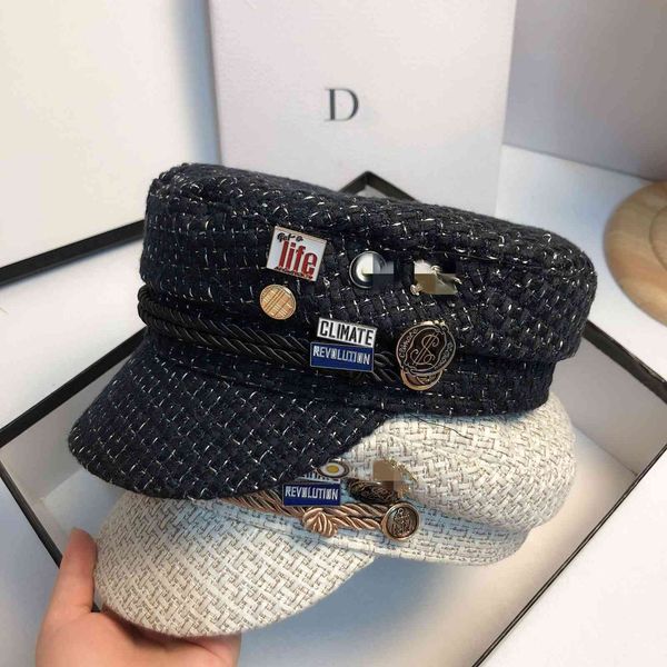 

try the new navy cap in autumn with metal button letters, Black;white