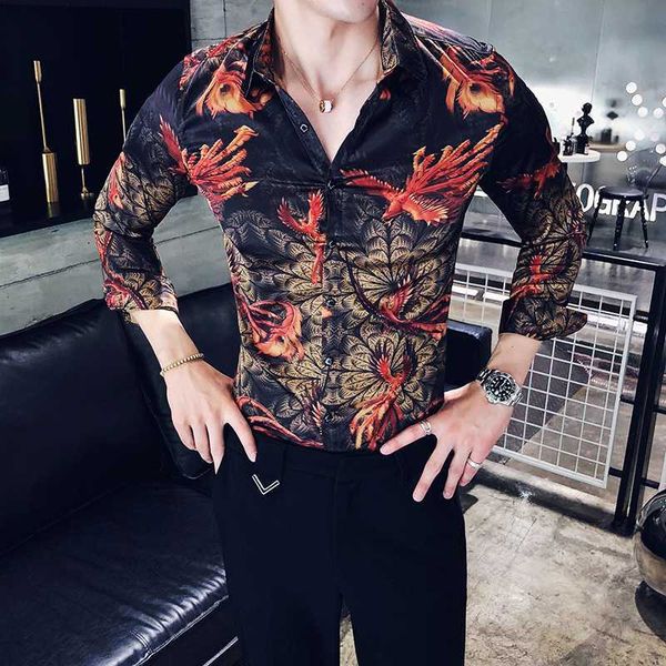 

mens pattern printed shirts long sleeve casual shirts button down casual fashion slim fit male, White;black