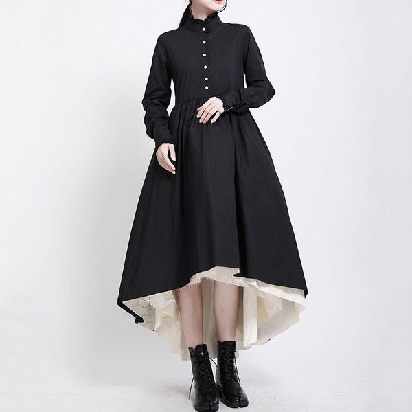 

casual dresses seebeautiful loose a-line dress stand collar long sleeve bandage bow-knot irregular woman summer 2021 fashion t747, Black;gray