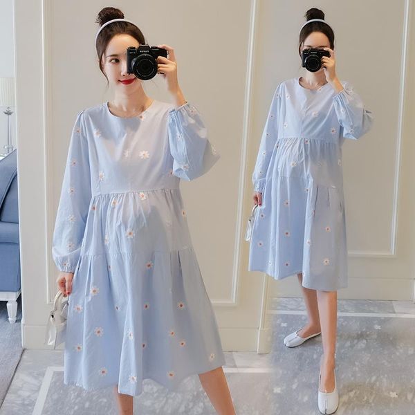 

maternity dresses 1721# floral embroidery cotton dress autumn long sleeve loose clothes for pregnant women sweet elegant pregnancy, White