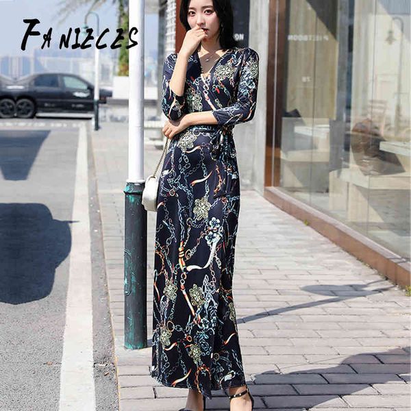 

women long floral print summer maxi bohemian beach dresses elegant party 3/4 sleeve office shirt vestidos longo 210520, Black;gray