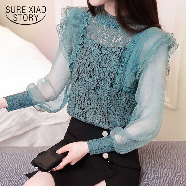 

spring female temperament lantern sleeve lace bottoming hollow women long sleeve blouses and chiffon women shirts 7954 50 210527, White