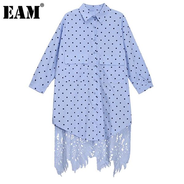 

casual dresses [eam] women blue dot printed oversize back lace shirt dress lapel long sleeve loose fit fashion spring autumn 2021 1de0994, Black;gray