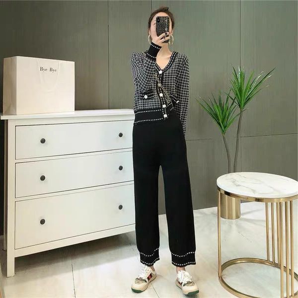 

women's two piece pants 2021 women spring casual knit 2-piece set lady plaid single breasted v-neck cardigan + wide-leg pant female vin, White