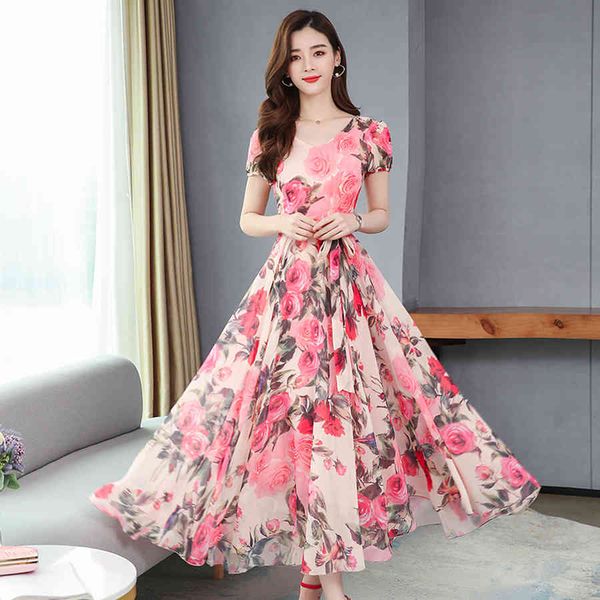 2021 elegante Rosa Floral Chiffon Midi Kleider Frühling Sommer 4XL Plus Größe Vintage Runway Maxi Kleid Frauen Bodycon Party Vestidos x0521