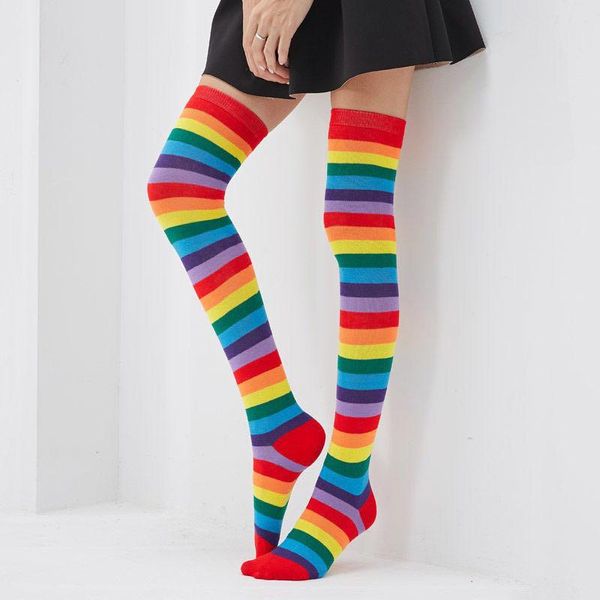 

socks & hosiery 2021 winter europe fashion women stockings cotton rainbow hit-color sporty above knee hiphop stripe skateboard stocking, Black;white