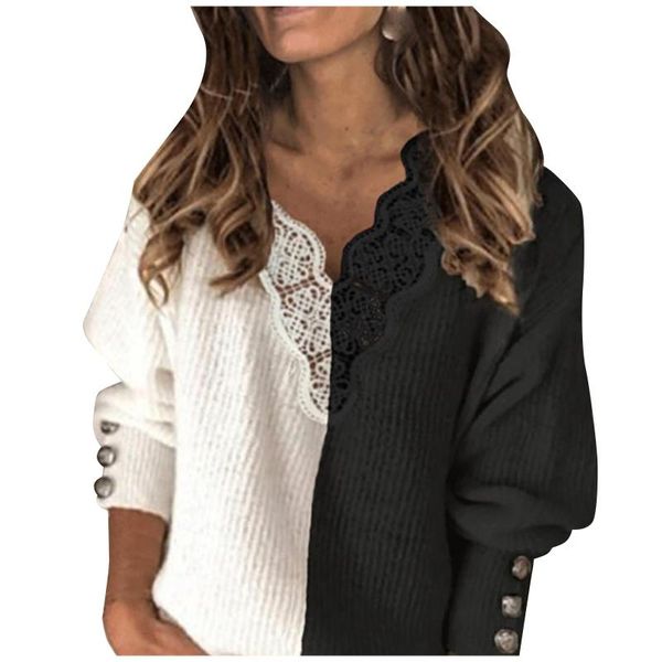 

sweater women winter warm knitted pullover loose contrasting colors long sleeve round neck sweaters for women's, White;black