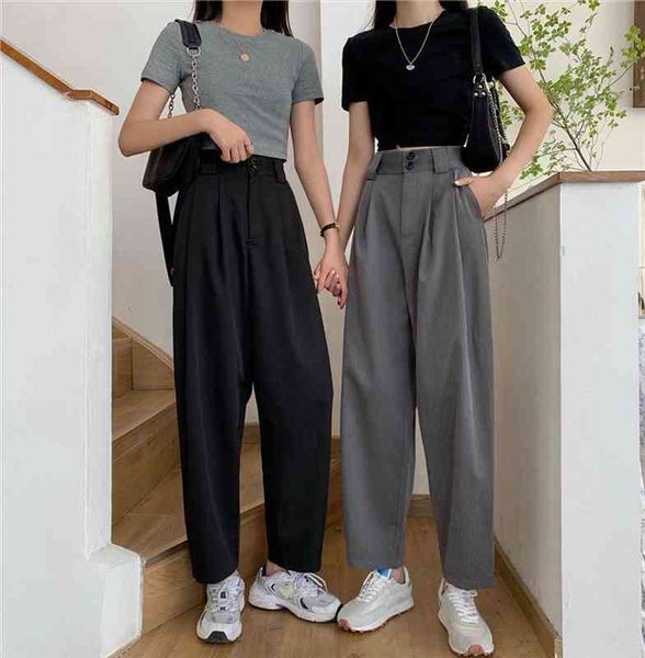 

pants women all-match summer bf style minimalist ladies ankle-length trousers wide-leg chic leisure female pants, Black;white