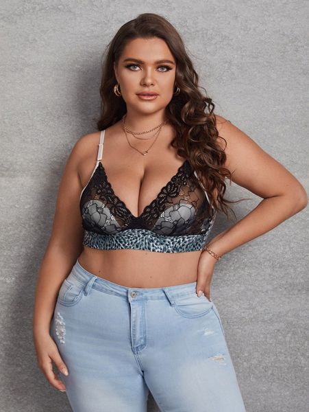 

plus leopard contrast lace bralette n1sj#, Black;white