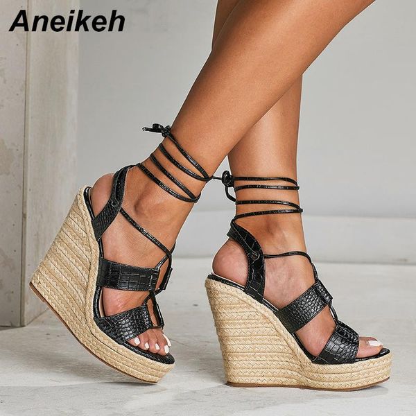 

aneikeh 2021 rome pu sandals women extremely wedges high heel summer shoes round toe solid platform lace-up black 35-42