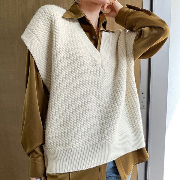 

women's knitted v neck vest oversized sweater autumn winter solid loose female vests white casual ladies fashion outwear 210524, Black;white