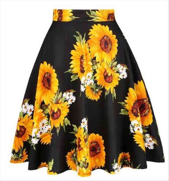 

summer 50 60s high waist skirts ladies retro skirts floral printed elegant halloween pleated a line womens casual skirt, Black