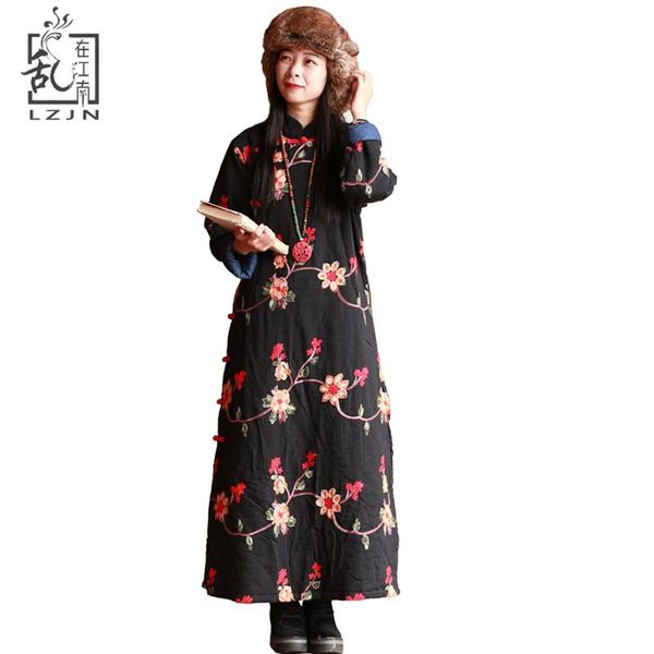 

casual dresses lzjn women floral cotton padded long full sleeve embroidery flowers thicken warm autumn winter dress one piece robe 1898, Black;gray