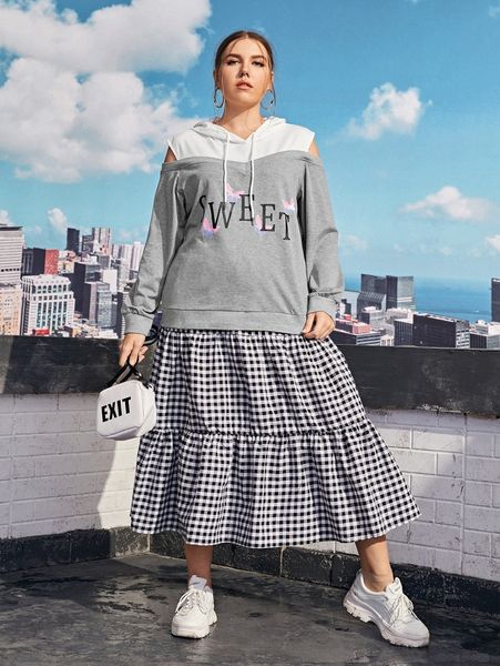 

plus butterfly & letter graphic cold shoulder hoodie c1h9#, Black