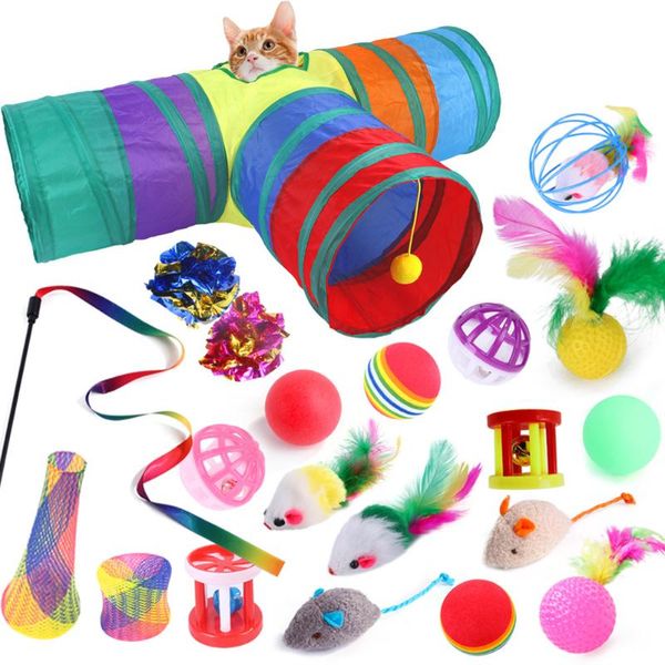 

cat toys 21pcs funny stick rainbow tunnel cave playing teaser ball feather training pet kitten channel interactive toy set