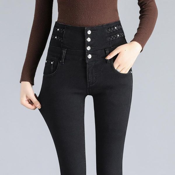 

women's jeans black plus velvet warm size winter for women female high waist skinny thick casual stretch denim pants, Blue