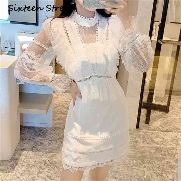 

autumn white lace dress for woman stand neck patchwork elegant long-sleeved party dress female casual design bodycon 210603, Black;gray