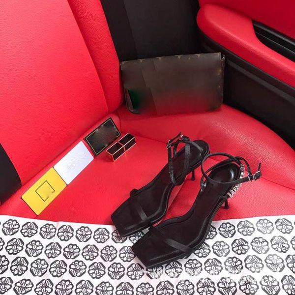 

high heels women's summer square initials thin heel sandals high heels, Black