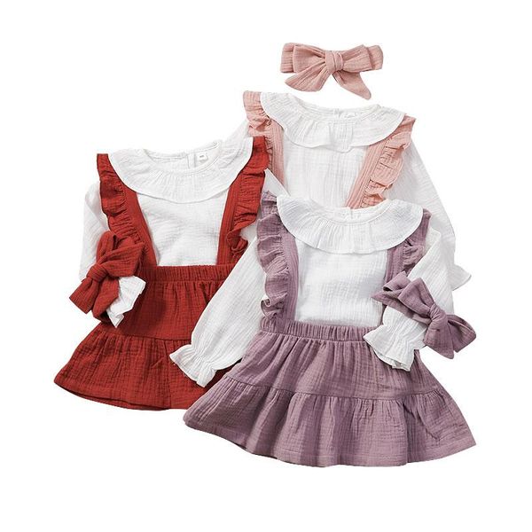 

clothing sets girls'cotton strap skirt set baby long sleeve purity harajuku solid color hair band 30, White