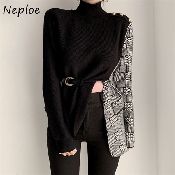 

korean vintage houndstooth patch fake 2 pcs knit blouse women irregular design work style ol feminino blusas winter shirt 210422, White;black