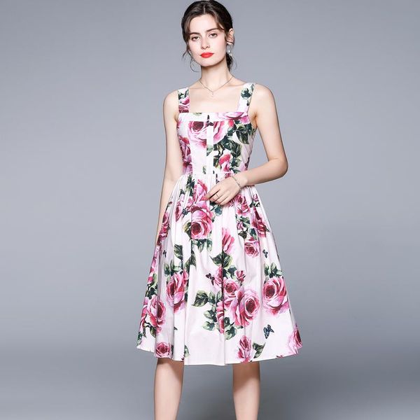 

casual dresses 2021 summer beach holiday spaghetti strap dress women floral print elegant sundress designer runway vestidos, Black;gray