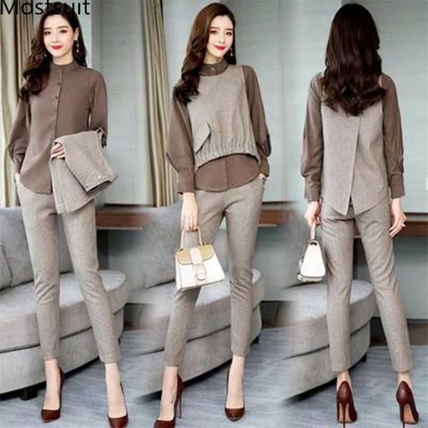 

spring office 3 piece set long sleeve blouse+vest+pants suits casual korean elegant ladie's femme 211106, White