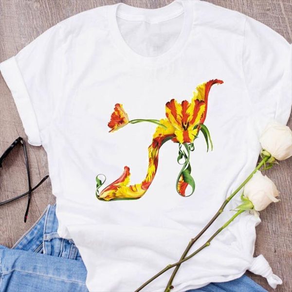 

graphic elegant short sleeve womens t shirt floral flower printing 90s clothing tees print, White