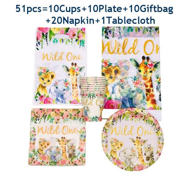

disposable dinnerware birthday jungle party tableware set theme paper plate flags cup napkin girls pink wild one decor 51-81pcs