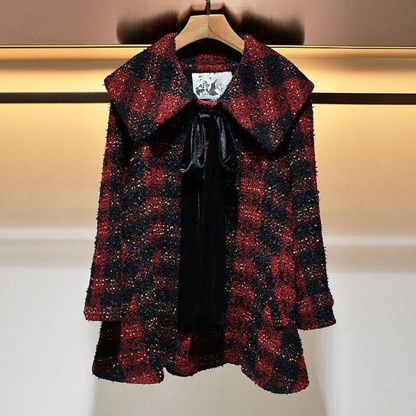 

women's wool & blends 2021 winter bow black and red plaid loose tweed coat s201377