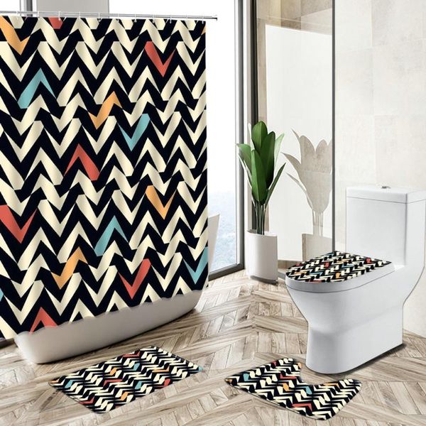 

shower curtains modern simple geometric striped curtain colorful art european style non-slip carpet toilet cover floor mat set washable
