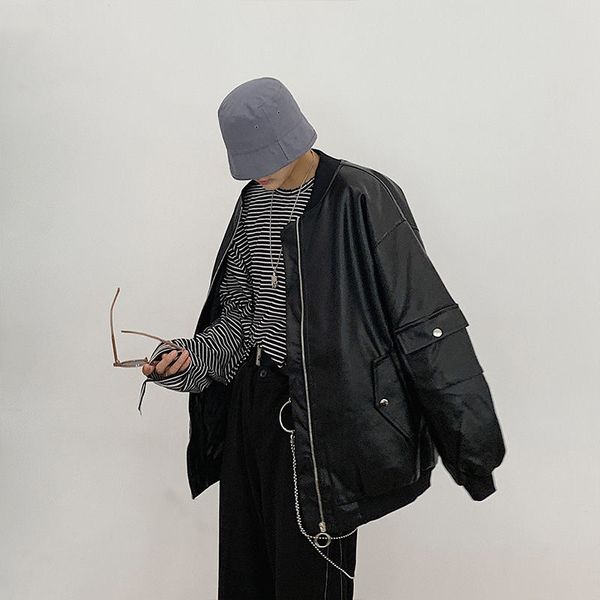 

2021 autumn new cloth men's baseball collar pilot pu leather jacket male handsome zipper korean loose coat 9y9527, Black