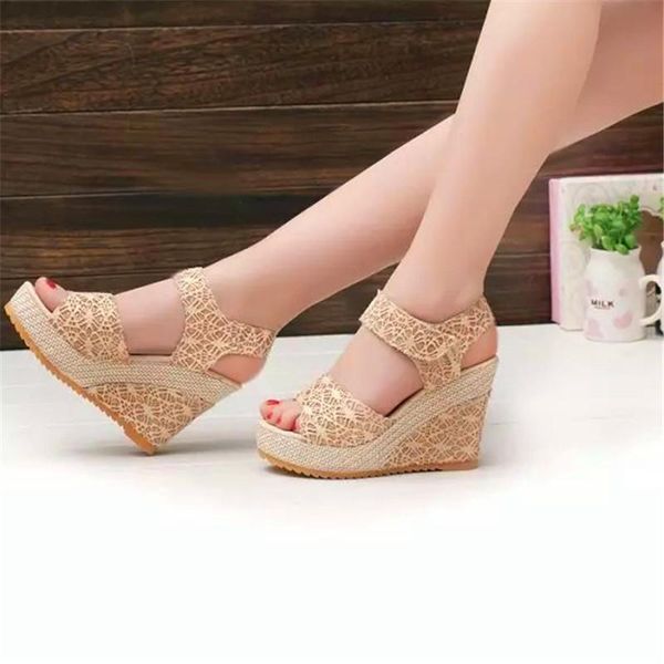 

summer wedge with fish mouth thick lace cake female sandals, Black