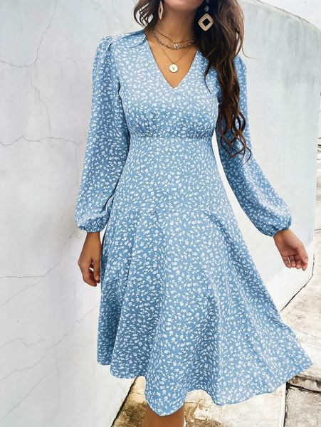 

ditsy floral lantern sleeve a-line dress u86d#, Black;gray