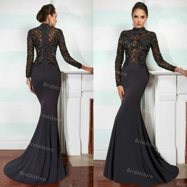 

arabic muslim black mermaid evening dresses elegant high neck long sleeve crochet lace prom dress 2021 vintage party gowns reception wear ro, Black;red
