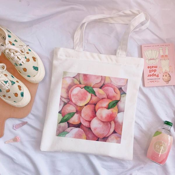 Сумки для хранения Корейский персик милый принт Harajuku сумка большой емкости Холст винтажный мультфильм сладкий колледж Chic Chic