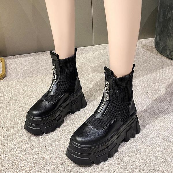 

boots platform women winter fashion keep warm front zipper ankle motorcycle shoes woman booties set of feet, Black